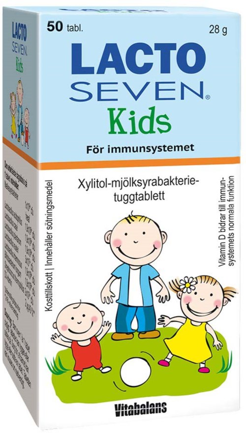 Lacto Seven Kids förpackning med tecknade barn på gräs, visar att det är för barns immunstöd.
