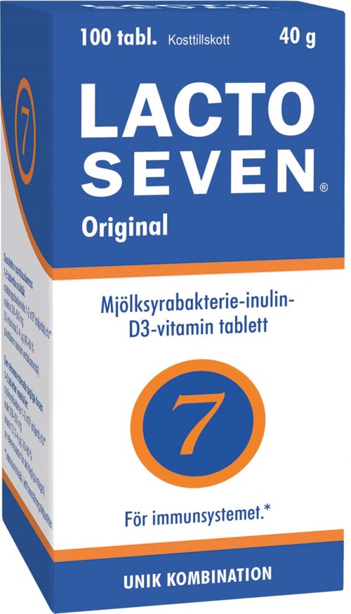 Förpackning av Lacto Seven original probiotiska tabletter med 100 portioner, 40g, med blå och vit förpackning och en stor siffra 7.