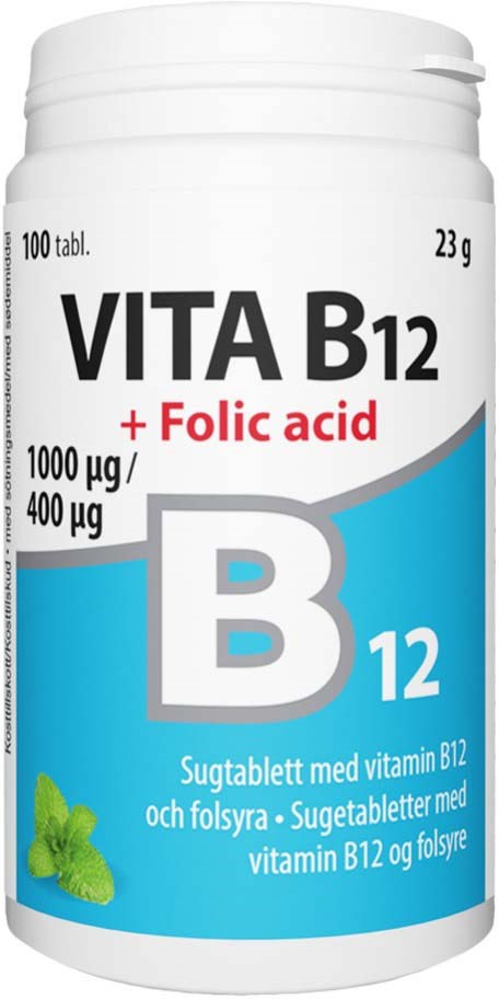 Flaska med vitamin B12-tillskott med folsyra, gröna myntablad och etikettinformation.