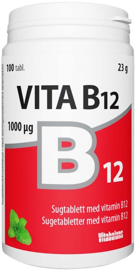 Vit flaska med röd etikett visar B12-vitamin, 100 tabletter, 23 gram, och 1000 mikrogram.