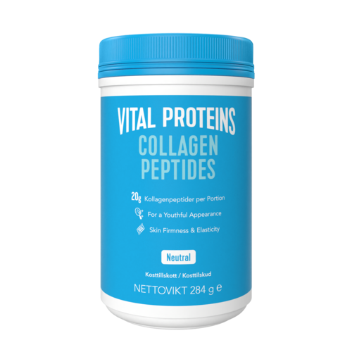 Blauwe container met 'Vital Proteins Collagen Peptides', voordelen voor huid en uiterlijk, gewicht 284 g.
