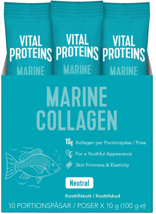 Drie turquoise verpakkingen van Vital Proteins marine collageen met informatie over voordelen en portiegrootte.