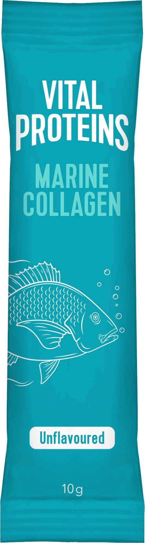 Een blauwe zak met tekst over marine collagen eiwitten, ongezoet, 10 g, en een visillustratie.