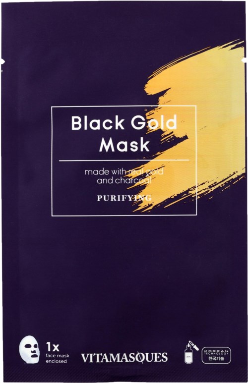 Pakning av en Black Gold Mask med gull- og svartfarget tema, inneholder én ansiktsmaske og nevner ingredienser og detox.