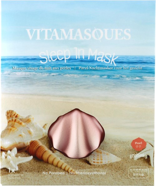 En strandscene med skjell, en skall-formet maske, og tekst om et søvnmaskeprodukt.