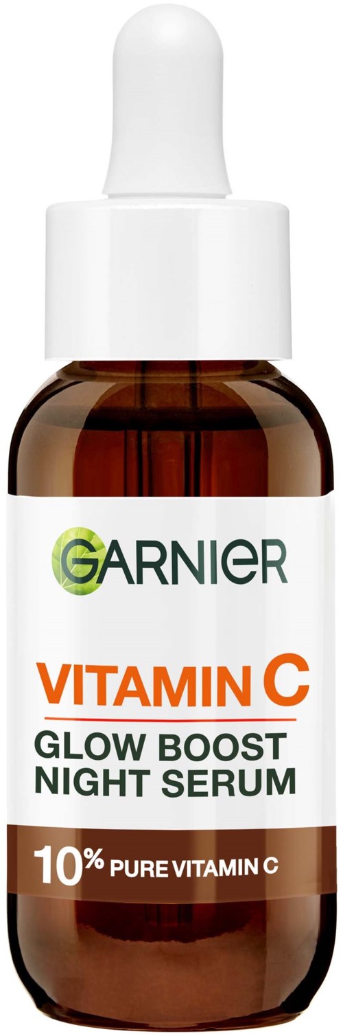 Mała brązowa butelka z białą pipetą, oznaczona Garnier Vitamin C Night Serum z 10% czystego witaminy C.