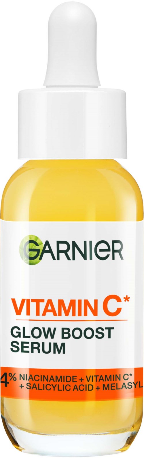 En liten hvit flaske med dråpeteller. Den er merket Garnier SkinActive Vitamin C Glow Boost Serum, 3,5%.