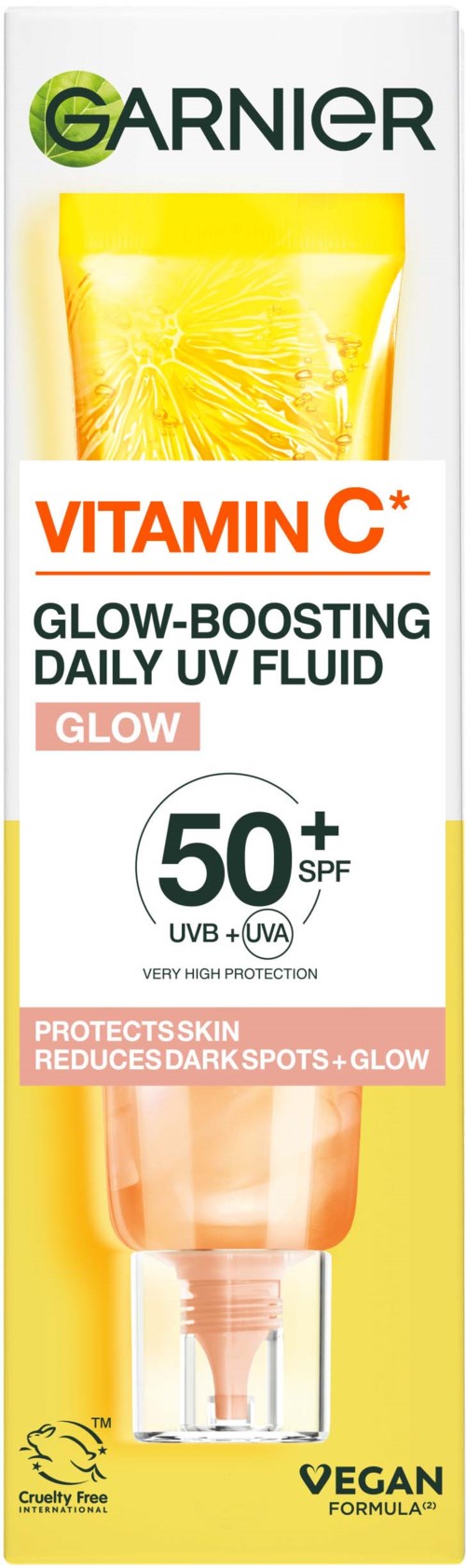 Garnier Vitamin C-glow-boostande daglig UV-fluide med SPF 50+ som skyddar huden och minskar mörka fläckar.
