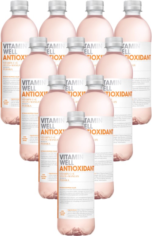 Ni rosa flasker merket 'VITAMIN WELL ANTIOXIDANT' samlet i en gruppe.