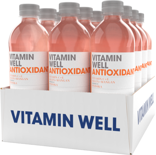 En utstilling av rosa flasker merket 'Vitamin Well Antioxidant' i en hvit eske. Flaskeene er ordnet i to rader.