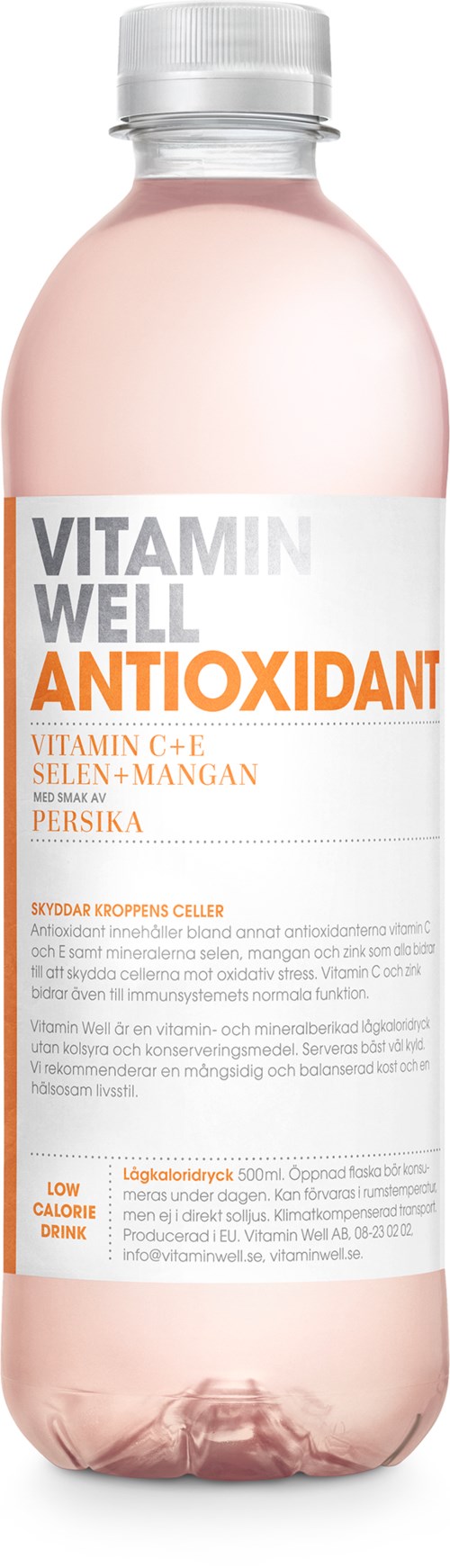 En rosa flaske merket 'Vitamin Well Antioxidant' med vitaminer C og E, selen, mangan og kaki.