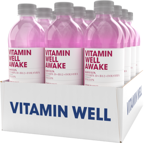 Rosa Flaschen mit Beschriftung 'Vitamin Well Awake' in einem weißen Karton.