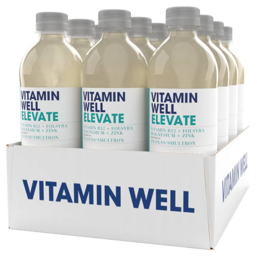 Flaskor med etiketter som visar vitamintillskottet VITAMIN WELL ELEVATE i en displaylåda.