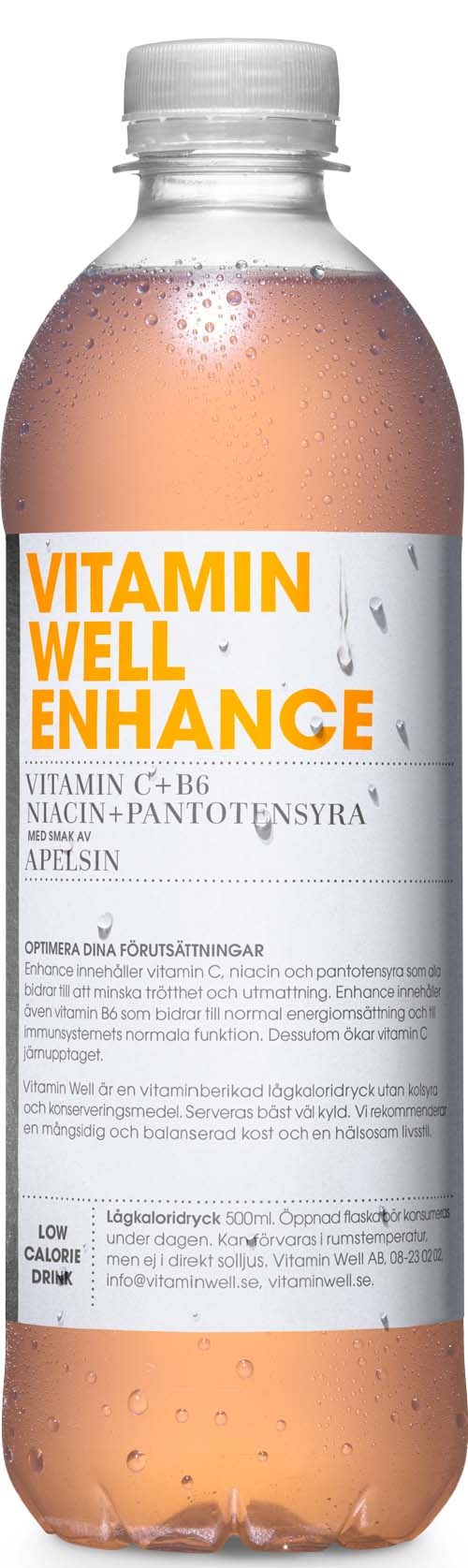 En rosa drikk i en flaske med etikett som sier 'VITAMIN WELL ENHANCE' og nevner vitaminer og antioksidanter.