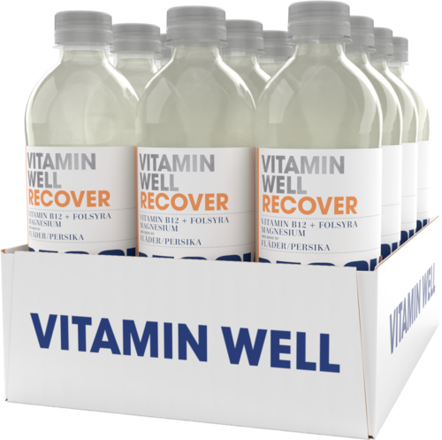 Flessen met vitamine in een witte displaydoos, gemerkt 'Vitamin Well' met woorden voor 'Recover.'