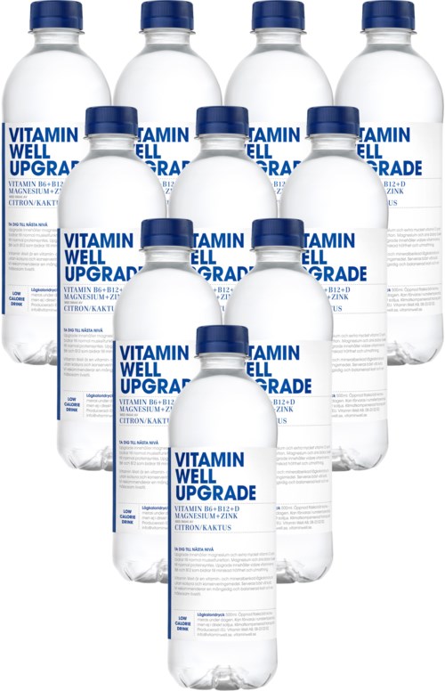 Tio flaskor med vitamindryck med blå lock och blå etiketttext i mitten.