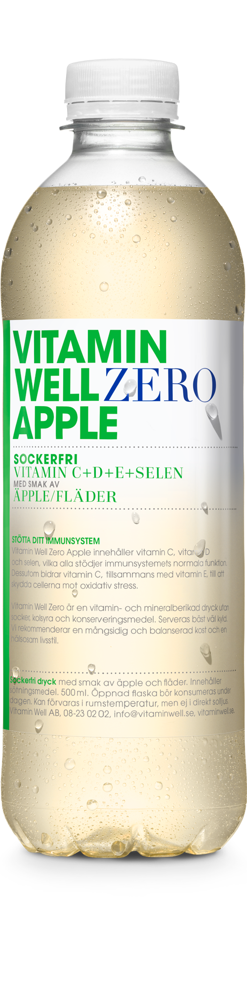 Een witte fles met label 'Vitamin Well Zero Apple' met groene en blauwe tekst, lijkt een vitamine drankje.