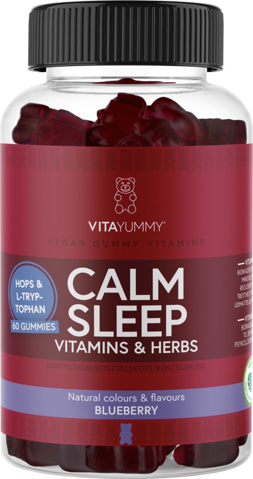 Flaske med blåbærsmakende gelevitaminer kalt Calm Sleep av Vitayummy, med rød og lilla etikett og svart lokk.