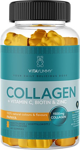 A bottle of VITAYUMMY collagen gummies with a blue label, containing yellow gummies inside.