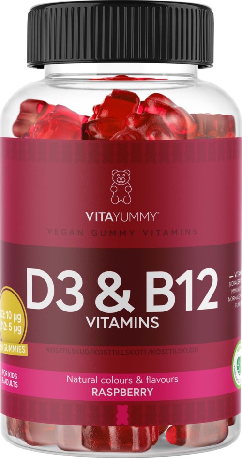 Vegan Gummibärchen in Glas mit schwarzem Deckel, gekennzeichnet mit D3 & B12, Himbeer-Geschmack, zeigt rote Gummibärchen.