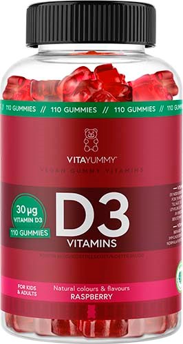 Flasche mit Himbeergeschmack D3-Vitamin-Gummibärchen mit schwarzem Deckel und rosa Etikett mit Dosierung und Produktdetails.