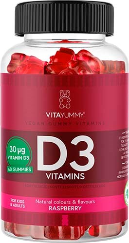 Flasche mit himbeeraromatisierten Vitamin D3-Gummibärchen für Kinder und Erwachsene, enthält 60 Gummis mit 30 mcg Vitamin D3.