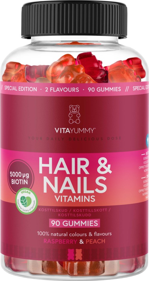En flaske med gummies-vitaminer merket 'Hair & Nails' i rosa, med smak av bringebær og fersken, inneholder 90 gummies.