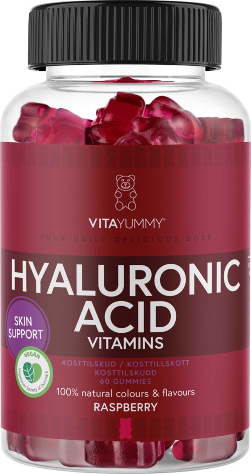 En flaske med hindbærsmagende gummitilskud med hyaluronsyre og hudstøtte. Røde gummies er synlige indeni. Navn og mærke på etiketten.