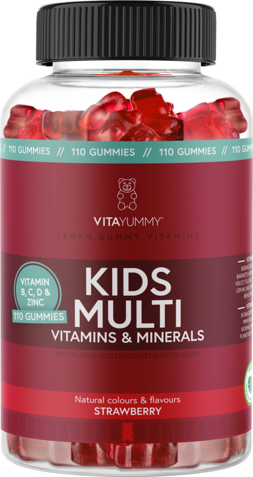 Flaska med jordgubbsmakande multivitamin-godis för barn med vitaminer B, C, D och zink, innehåller 110geléer.