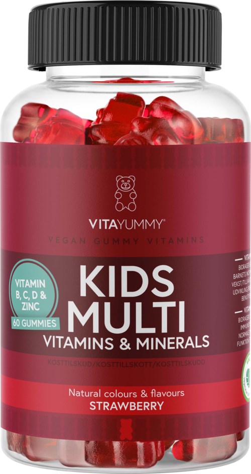 Flaska med röda och rosa jordgubbssmakande vitaminer och mineraler för barn.