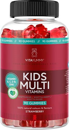 A bottle of kids multivitamin gummies with strawberry flavor, containing vitamin B, C, D, zinc, and shaped like bears.