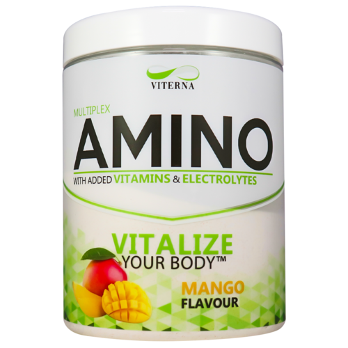 En hvit beholder med aminosyretilskudd med vitaminer og elektrolytter, mango-smak, og bilde av mango og skivet frukt.