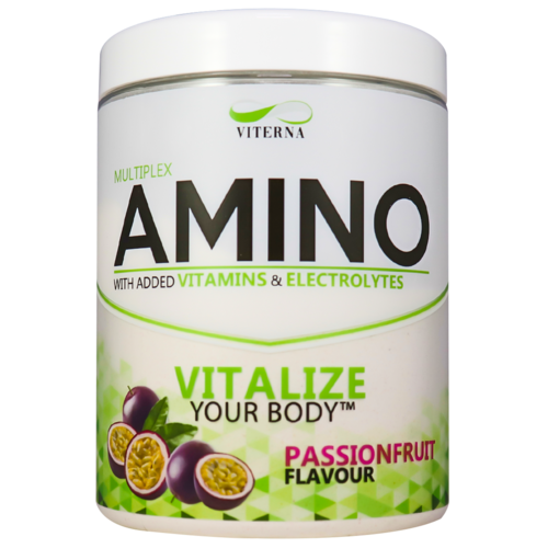 A white container of amino supplement with green and pink labels, featuring passionfruit flavor and images of passionfruits.