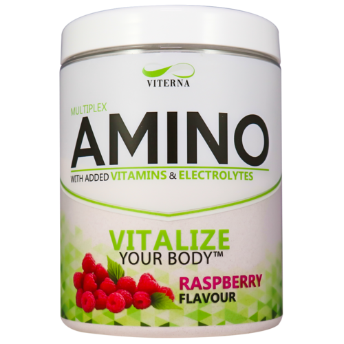 En vit förpackning av Viterna Amino multiprodukt med vitaminer, elektrolyter och smak av hallon. Text på etiketten: 'VIT AlZE YOUR BODY' och 'RASPBERRY FLAVOUR.'