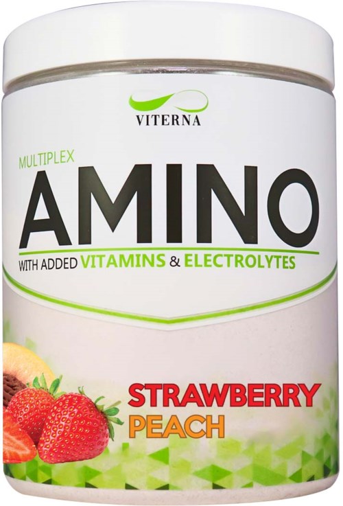 Viterna Amino-lisä, jossa mansikoita ja persikoita, lisätty vitamiineja ja elektrolyyttejä, valkoisessa purkissa.