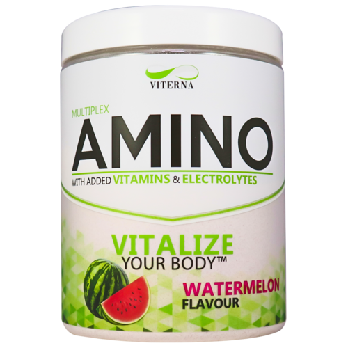 Beholder med aminosyretilskudd med vannmelon-smak, inneholder vitaminer og elektrolytter, med grønne, hvite og rosa farger.