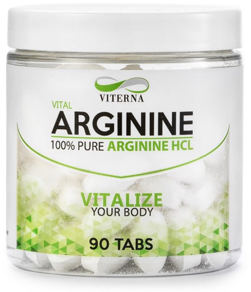 En klar krukke med hvite tabletter merket som Arginine-tilskudd, vektlegger helsemessige fordeler, inneholder 90 tabletter, merket av Viterna.