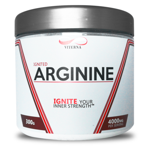 En beholder med Viterna Ignited Arginine-tilskudd med 300g og 4000 mg per porsjon, designet for å øke indre styrke.