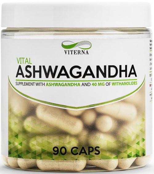 Container of Ashwagandha capsules with green and white label, 90 total capsules, brand Viterna, supports health.
