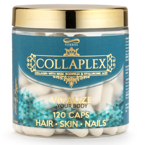 En blå beholder med gullokk, merket Collaplex, som tilbyr kollagen og vitaminer for hår, hud, negler og kroppshelse.