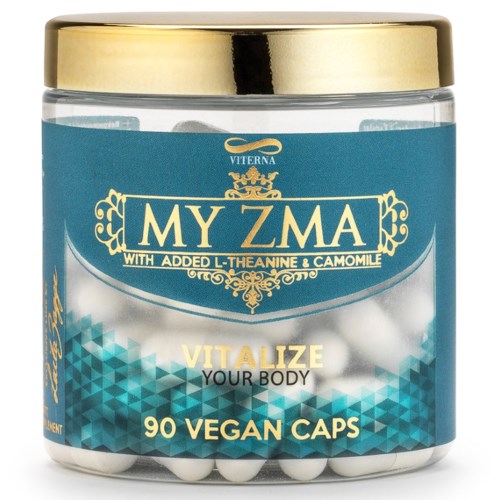 En krukke med veganske kapsler merket "My ZMA" med blå etikett og gulllokk, fremmer velvære med tilsetningsstoffer.