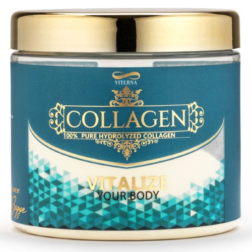 En krukke merket 'Collagen' med gullkork, blå design og ordene 'VITALIZE YOUR BODY'.