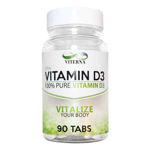 En flaske med D3-vitamin tabletter med hvit kapsel, etikett med merke Witerna, og grønne detaljer, påstår 100% ren D3-vitamin.