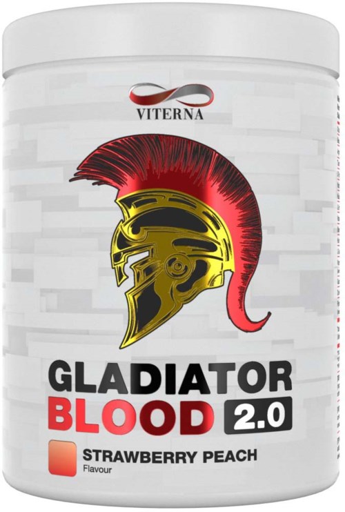 En burk med Gladiator Blood 2.0 tillskott i smak av jordgubb persika med logga och etikett.