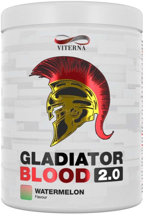 En vit behållare av Gladiator Blood 2.0 med en spartansk hjälmlogo, smak av vattenmelon, och röda accenter.
