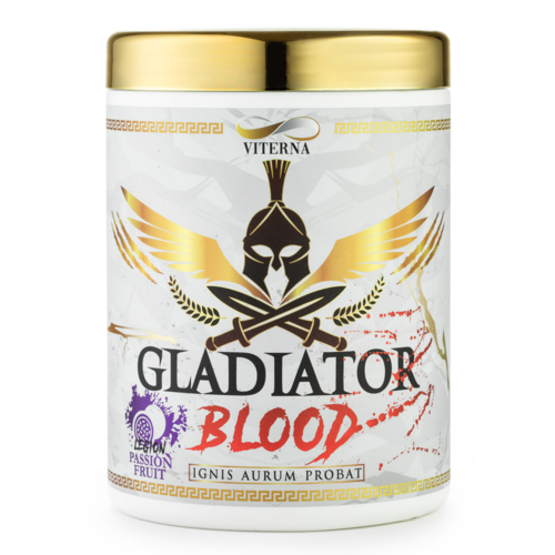 En hvit beholder med gulllokk med en gladiatorhjelm og vinger, merket 'Gladiator Blood' med røde og lilla detaljer.