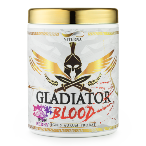 En hvit beholder merket 'Gladiator Blood' med gullhette, med en logo av hjelm og kryssede sverd.