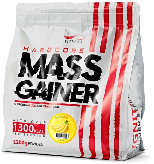 Valkoinen pussi lihasmassan lisäämiseen, punaiset raidat, banaanin maku, 2200 g, tukee lihas- ja painonnousua, 1300 kcal per annos.