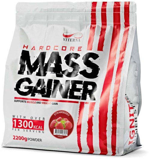 Valkoinen pussi punaisilla raidoilla, sisältää Mass Gainer -ravintolisän, joka tukee lihasten ja painon kasvua.