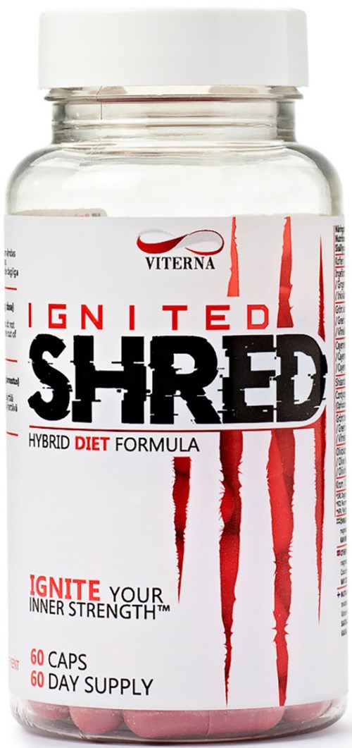 En klar flaske med rosa kapsler merket 'Ignited Shred', et kosttilskudd med en fet rød og svart logo.